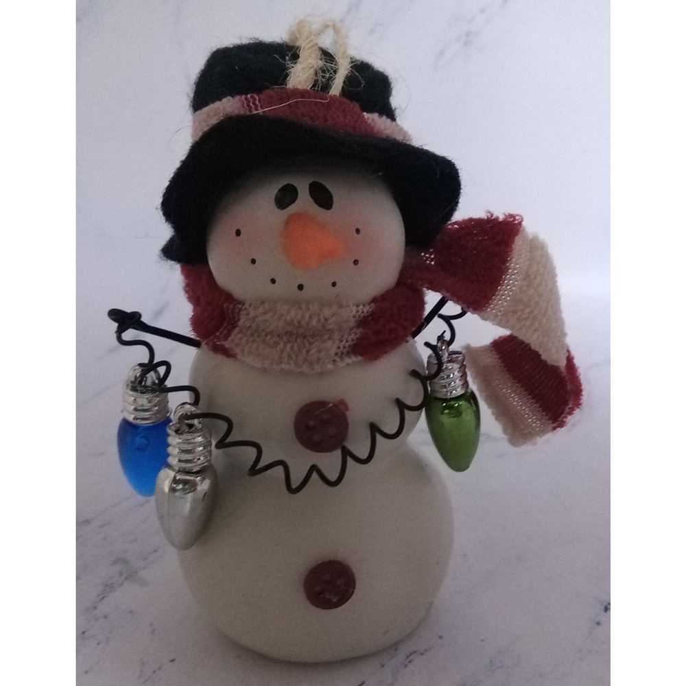 Ceramic Snowman With Christmas Lights Ornament